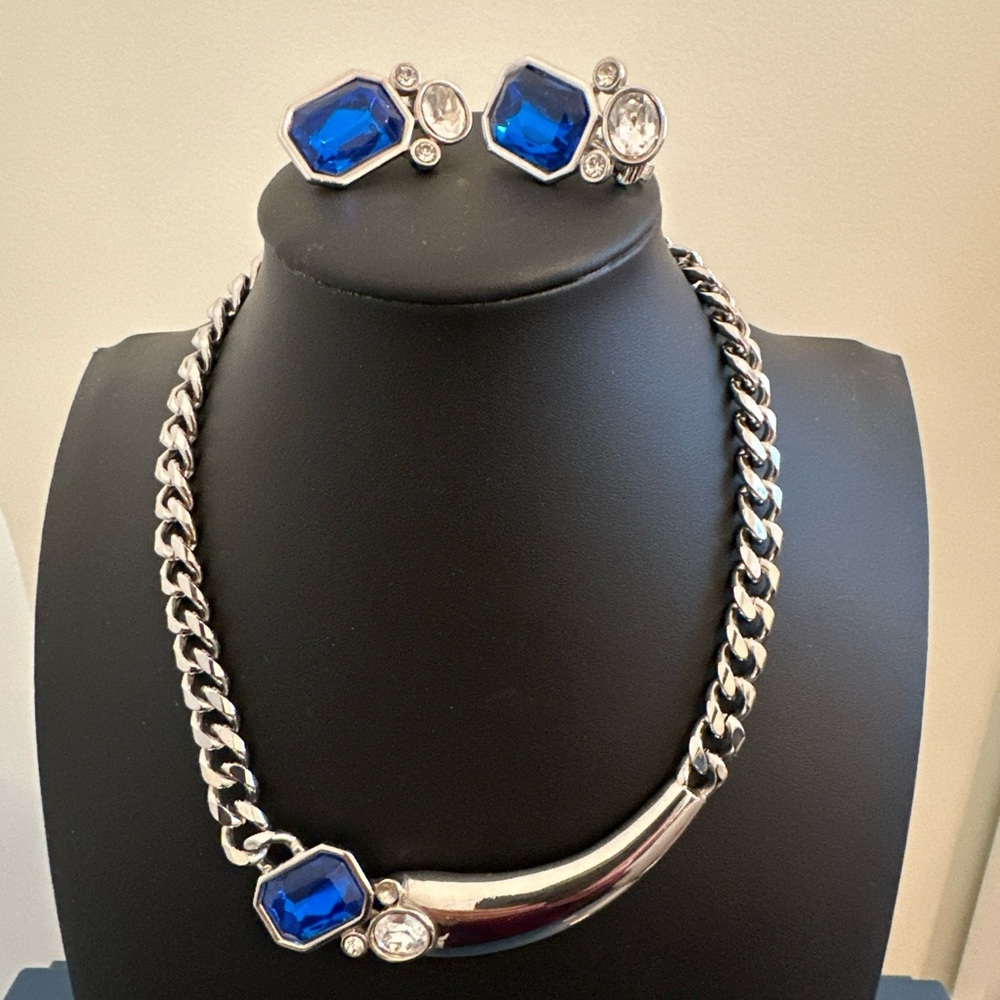 Vintage Park Lane Blue Rhinestone Collar Necklace Clip Earrings Set